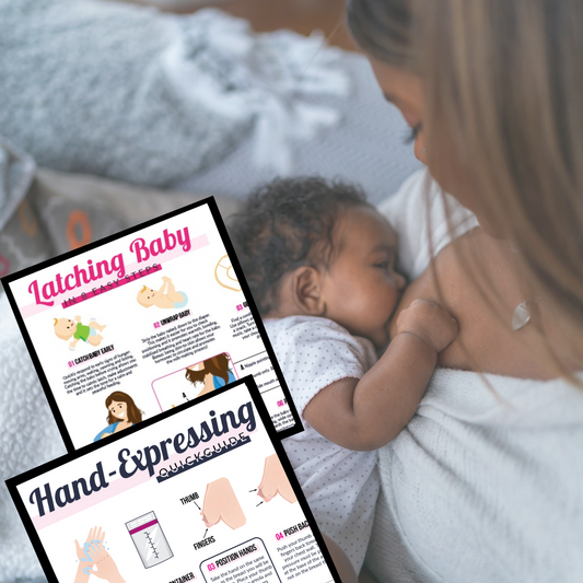 Image of a woman breastfeeding an infant and overlaying images of the Mamasoup digital downloads: Latching your Baby in 8 Easy Steps and the Hand-Expressing and Breastmilk Storage Quick Guides