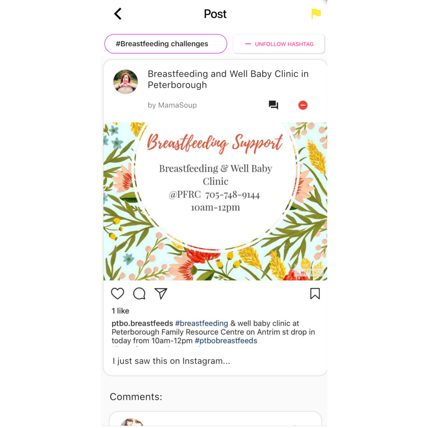 Image of a post on the Mamasoup app under the hashtag Breastfeeding Challenges and an image of a breastfeeding clinic happening in Peterborough, Ontario.