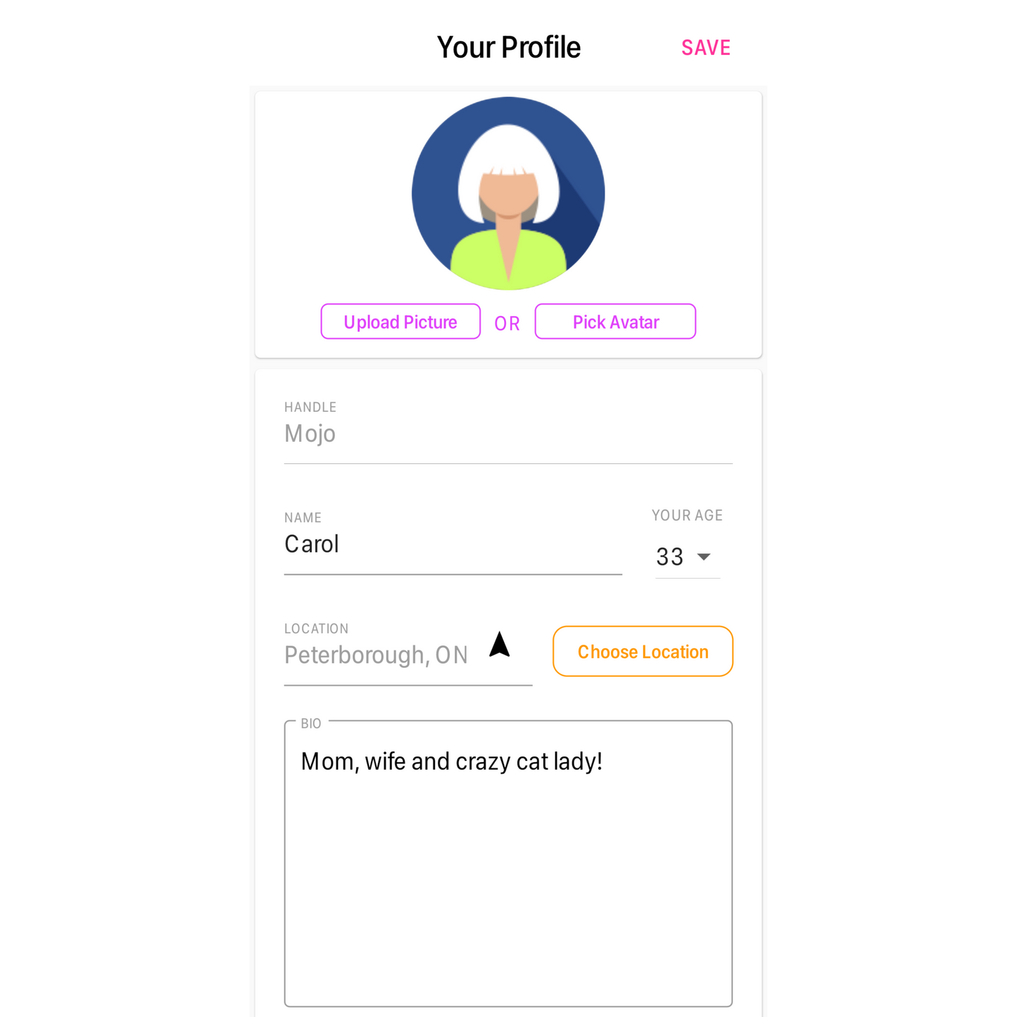 Image of the Create your Profile page in the Mamasoup app that allows you to choose an avatar, create a handle, input your name, age and location and fill in a bio.