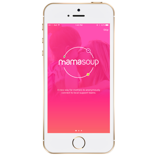 Image of a mom and baby on the MamaSoup app with the words, "A new way for mother's to anonymously connect to local support teams"